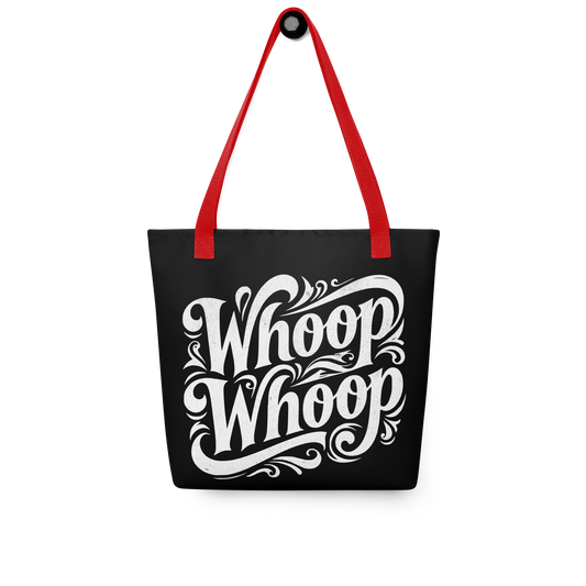 Schwarzer Stoffbeutel mit weißem Whoop Whoop Print und roten Hänkeln