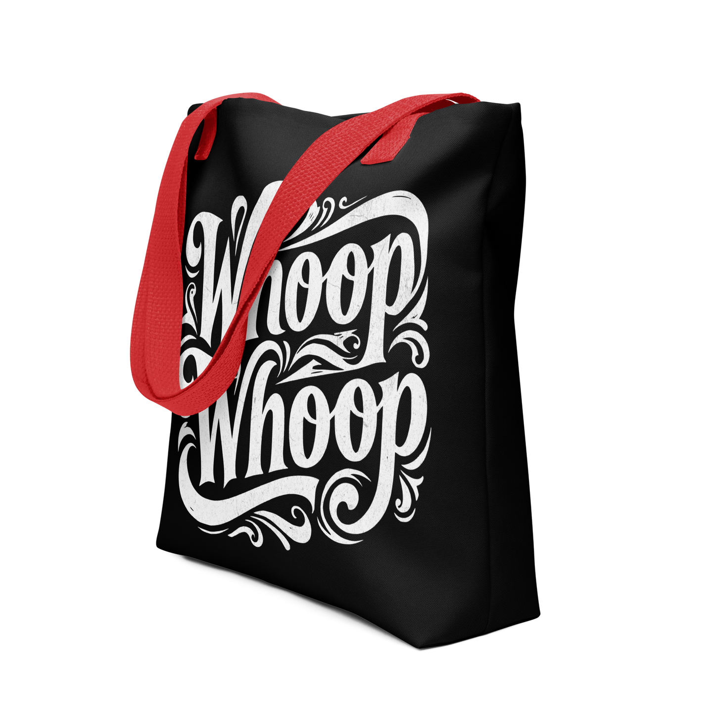 Schwarzer Stoffbeutel mit weißem Whoop Whoop Print und roten Hänkeln, Seitenansicht
