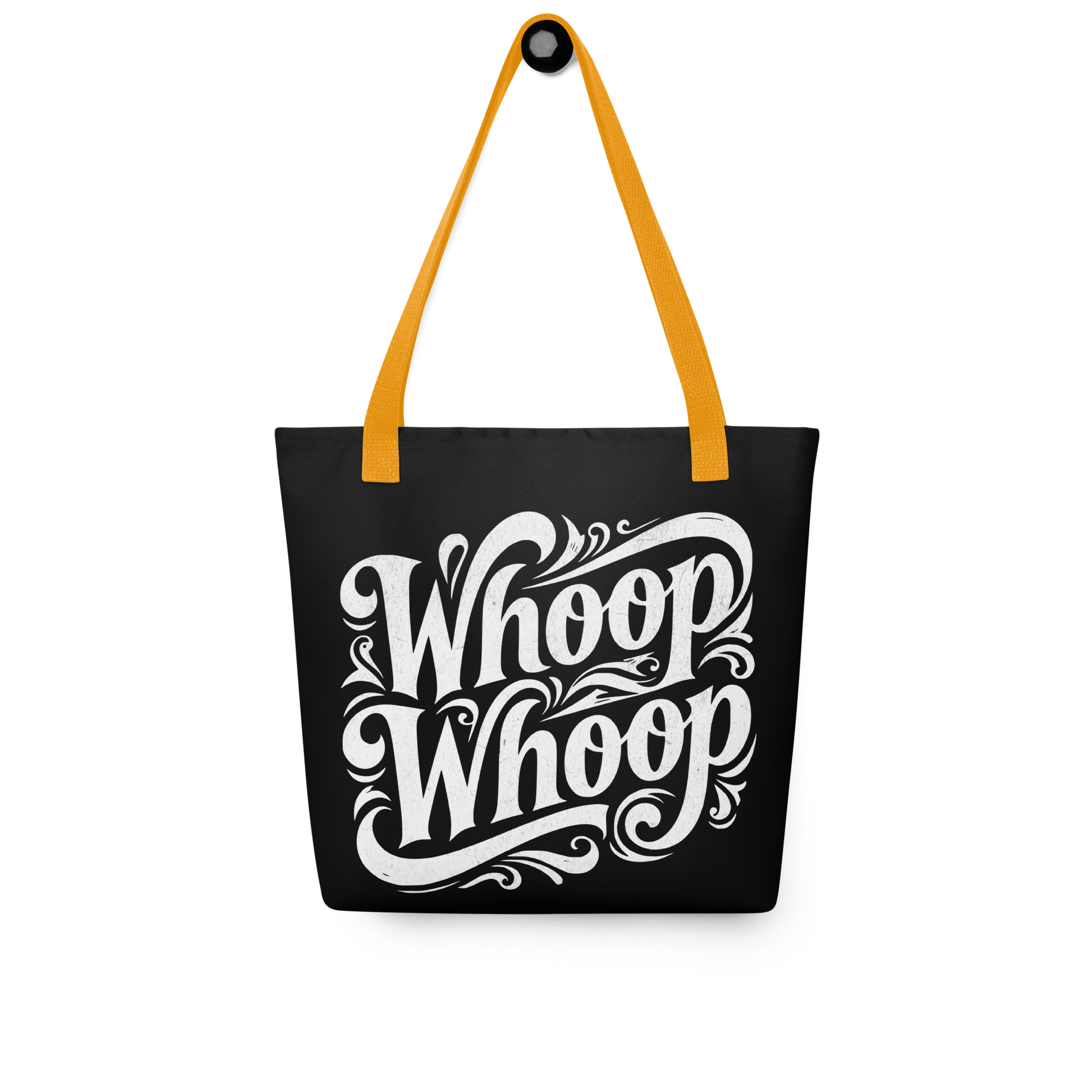 Schwarzer Stoffbeutel mit weißem Whoop Whoop Print und gelben Hänkeln