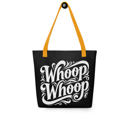 Schwarzer Stoffbeutel mit weißem Whoop Whoop Print und gelben Hänkeln