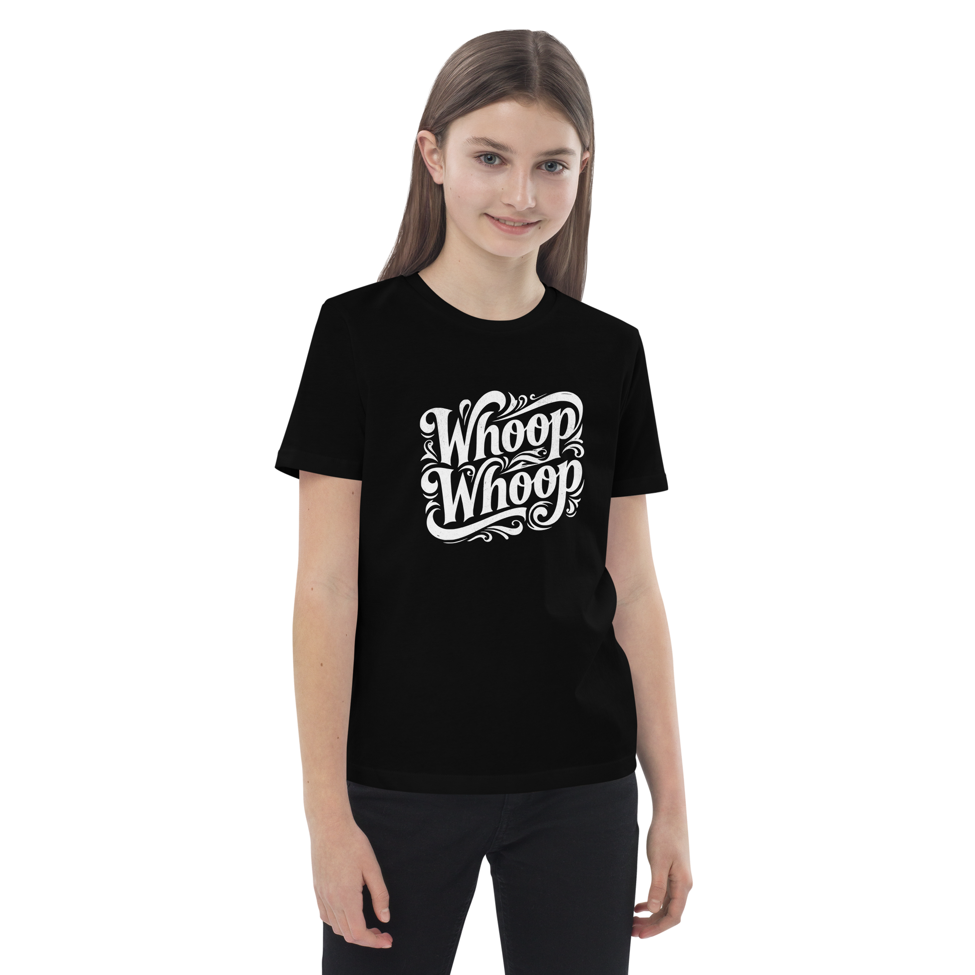 Mädchen trägt ein schwarzes Unisex Kinder T-Shirt mit geschwungenem Whoop Whoop Print