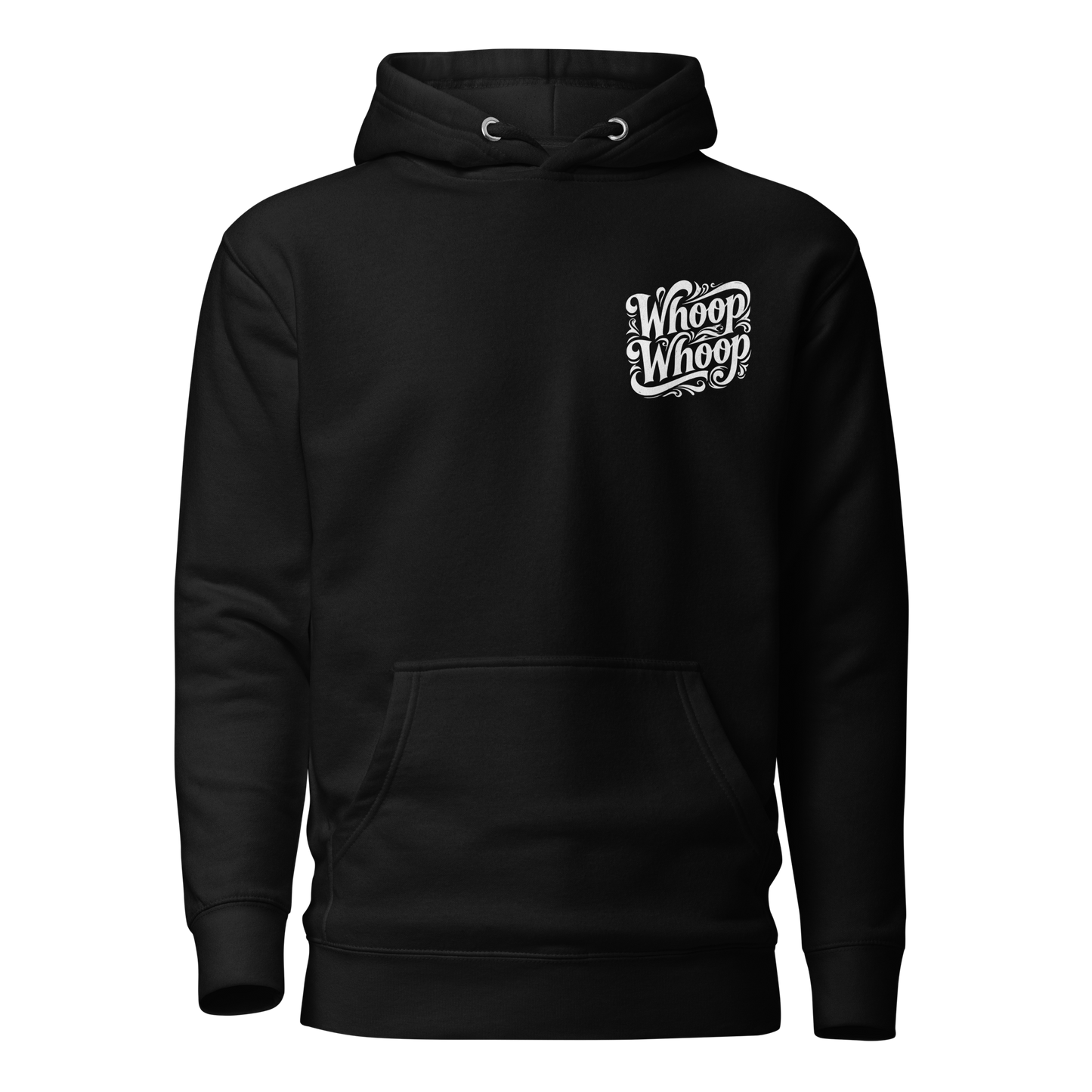 Shwarzer Unisex Hoodie mit verschlungenem Whoop Whoop Schriftzug