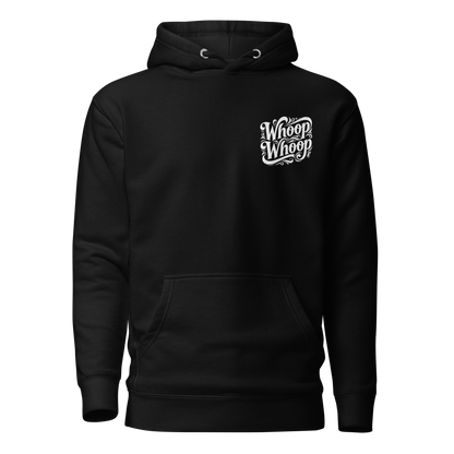 Shwarzer Unisex Hoodie mit verschlungenem Whoop Whoop Schriftzug