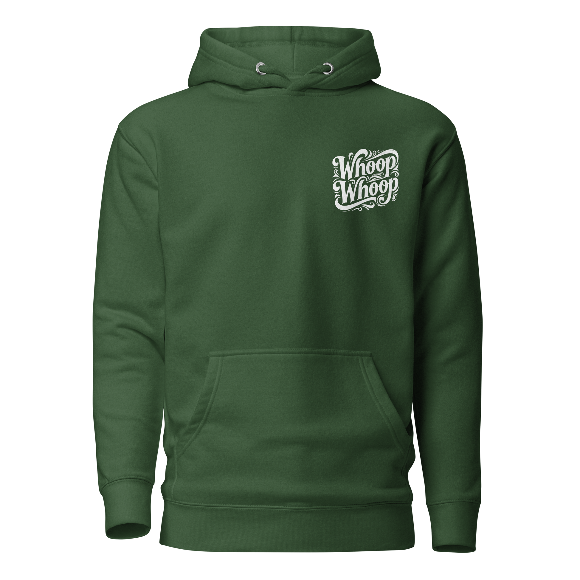 Waldgrüner Unisex Hoodie mit verschlungenem Whoop Whoop Schriftzug