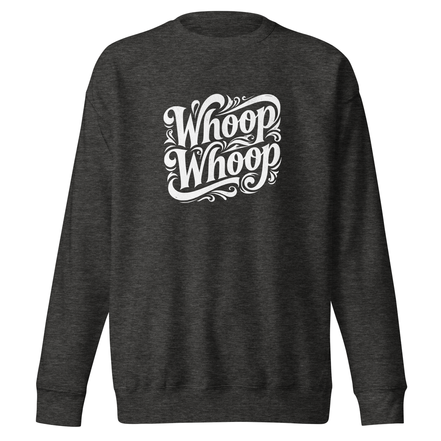 Heather Grauer Unisex Pullover mit weißem verschnörkeltem Whoop Whoop Print