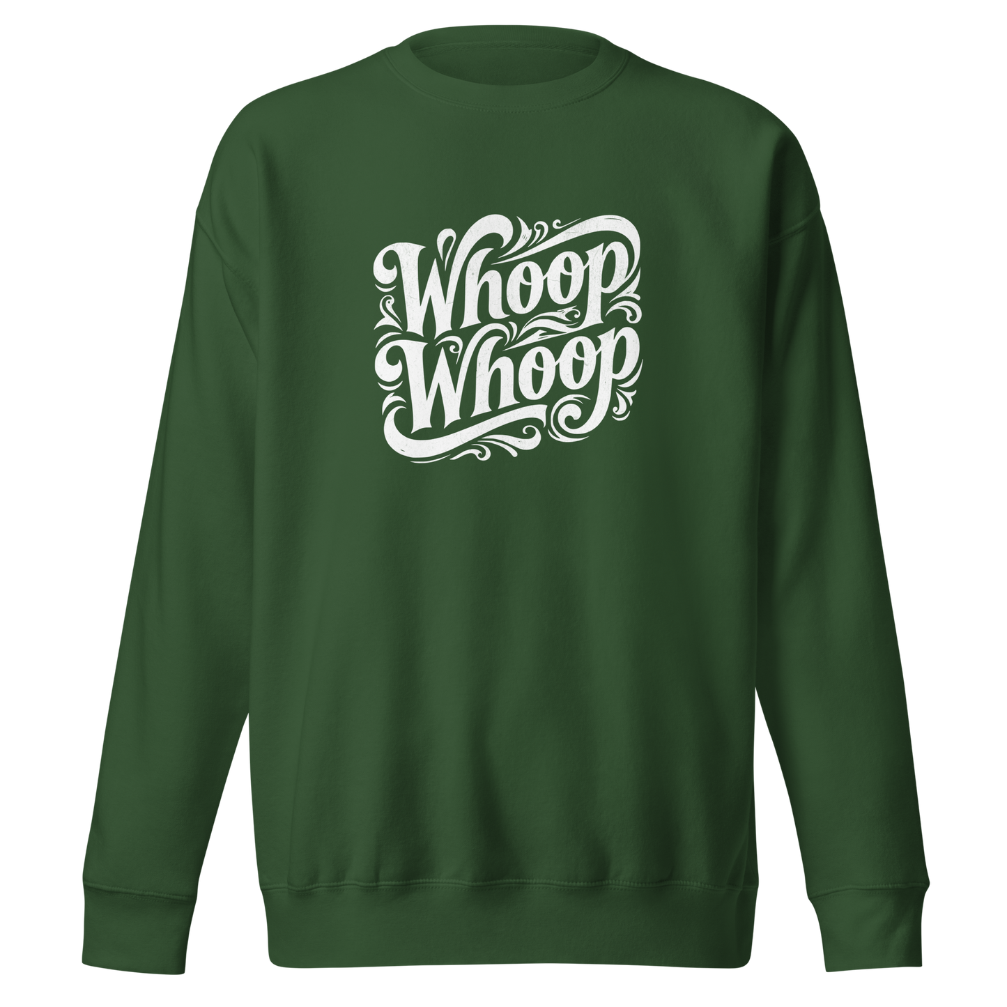 Waldgrüner Unisex Pullover mit weißem verschnörkeltem Whoop Whoop Print