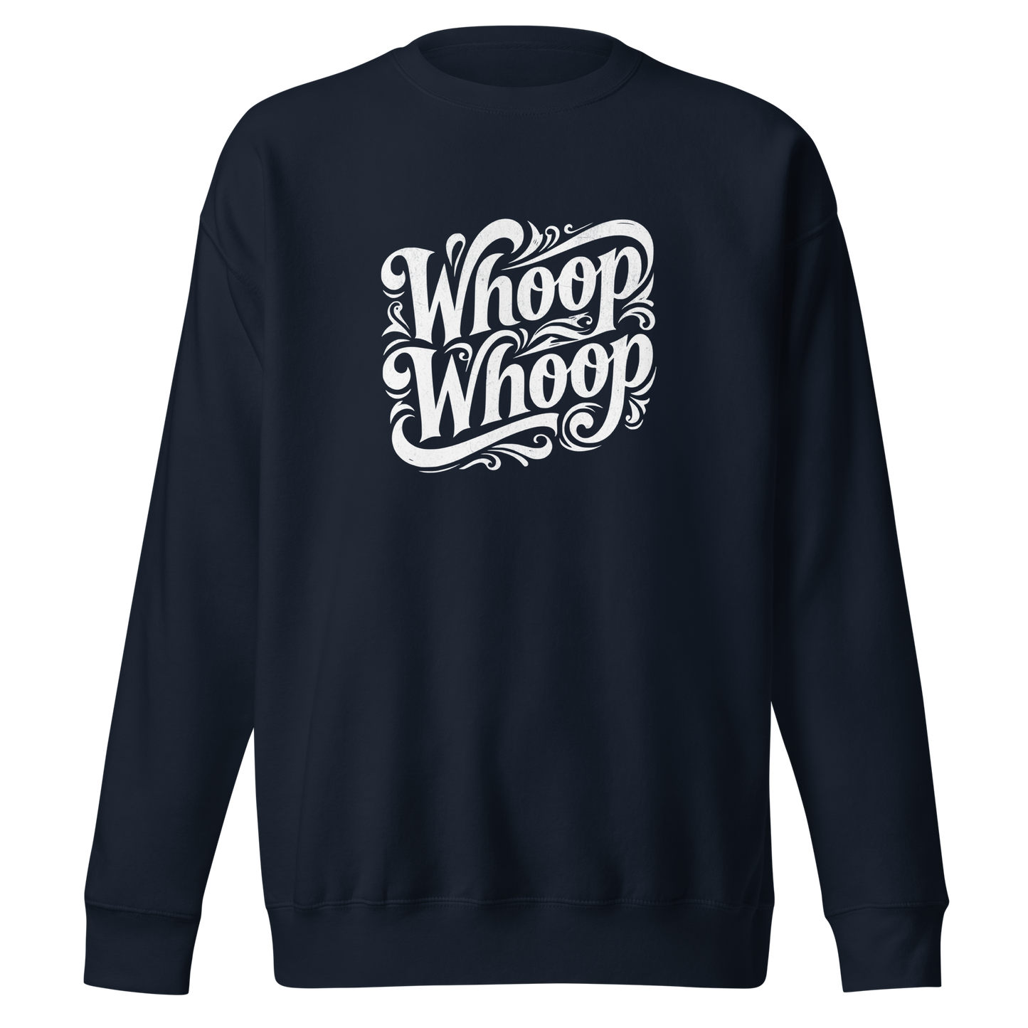 Navy Unisex Pullover mit weißem verschnörkeltem Whoop Whoop Print