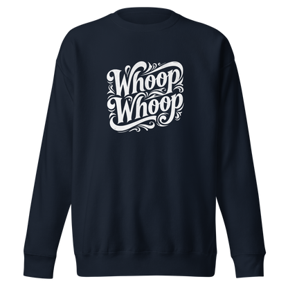 Navy Unisex Pullover mit weißem verschnörkeltem Whoop Whoop Print