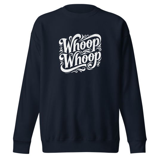 Navy Unisex Pullover mit weißem verschnörkeltem Whoop Whoop Print