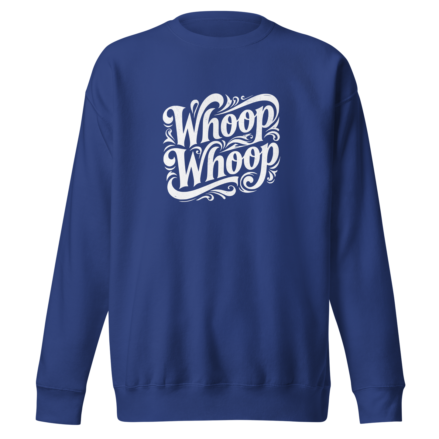 Blauer Unisex Pullover mit weißem verschnörkeltem Whoop Whoop Print