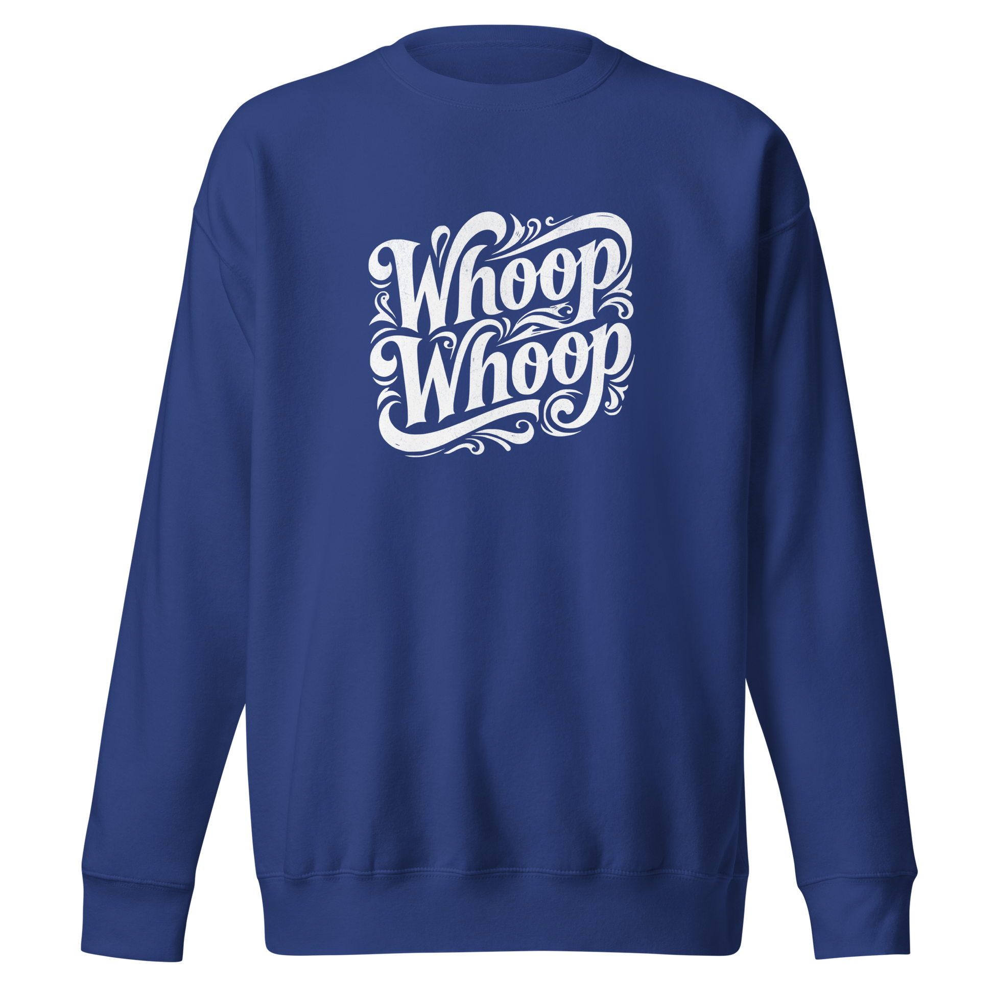Blauer Unisex Pullover mit weißem verschnörkeltem Whoop Whoop Print