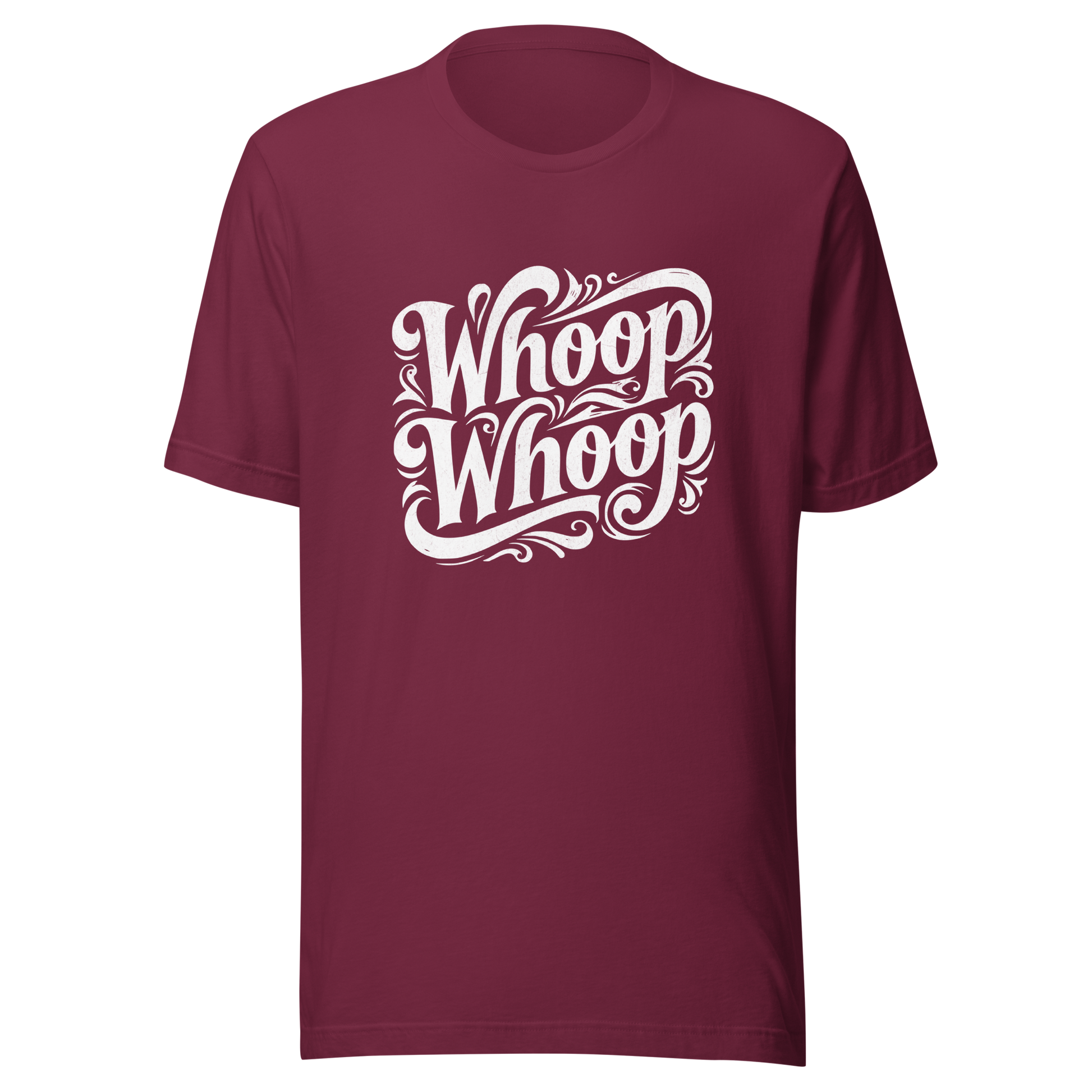 Dunkel Rotes T-Shirt mit dem Schriftzug Whoop Whoop in geschwungenen Buchstaben