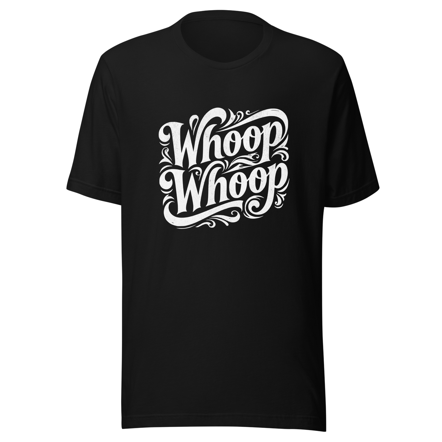 Schwarzes T-Shirt mit dem Schriftzug Whoop Whoop in geschwungenen Buchstaben