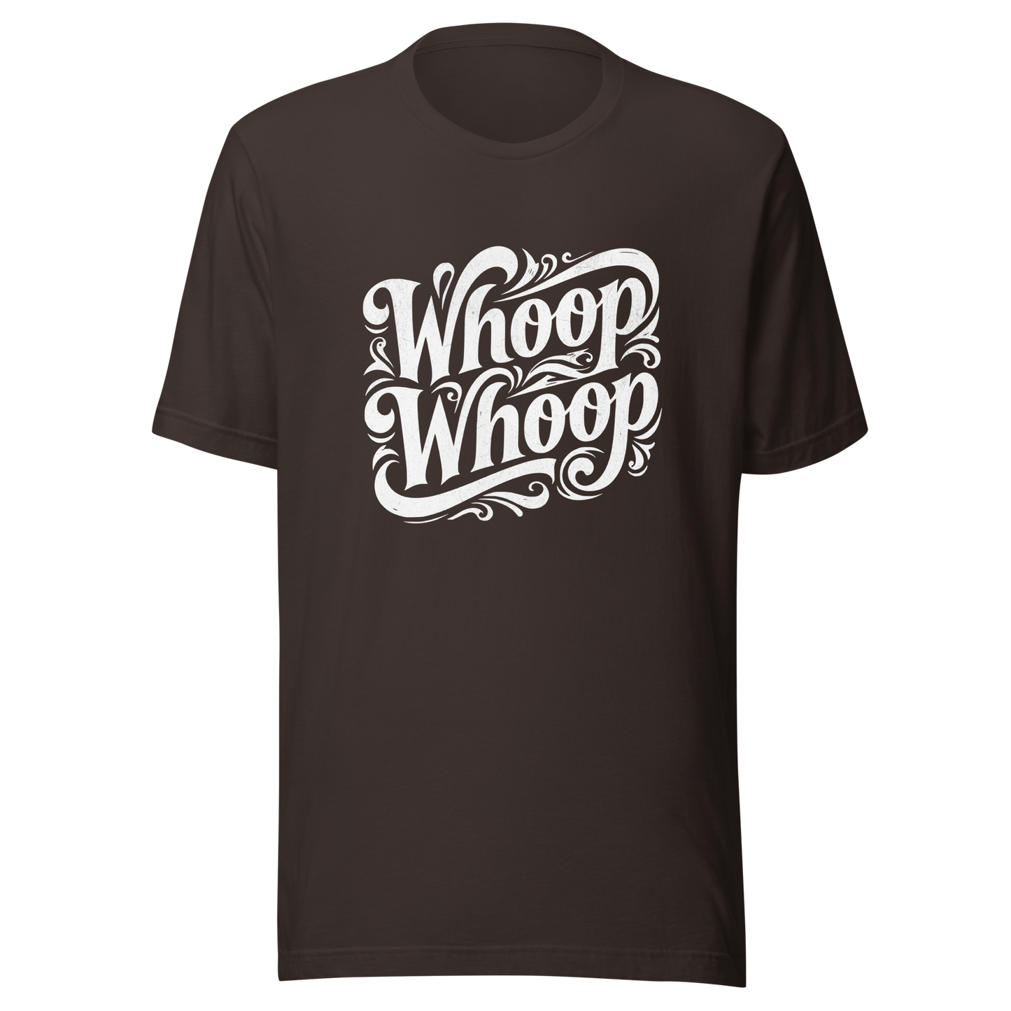 Braunes T-Shirt mit dem Schriftzug Whoop Whoop in geschwungenen Buchstaben