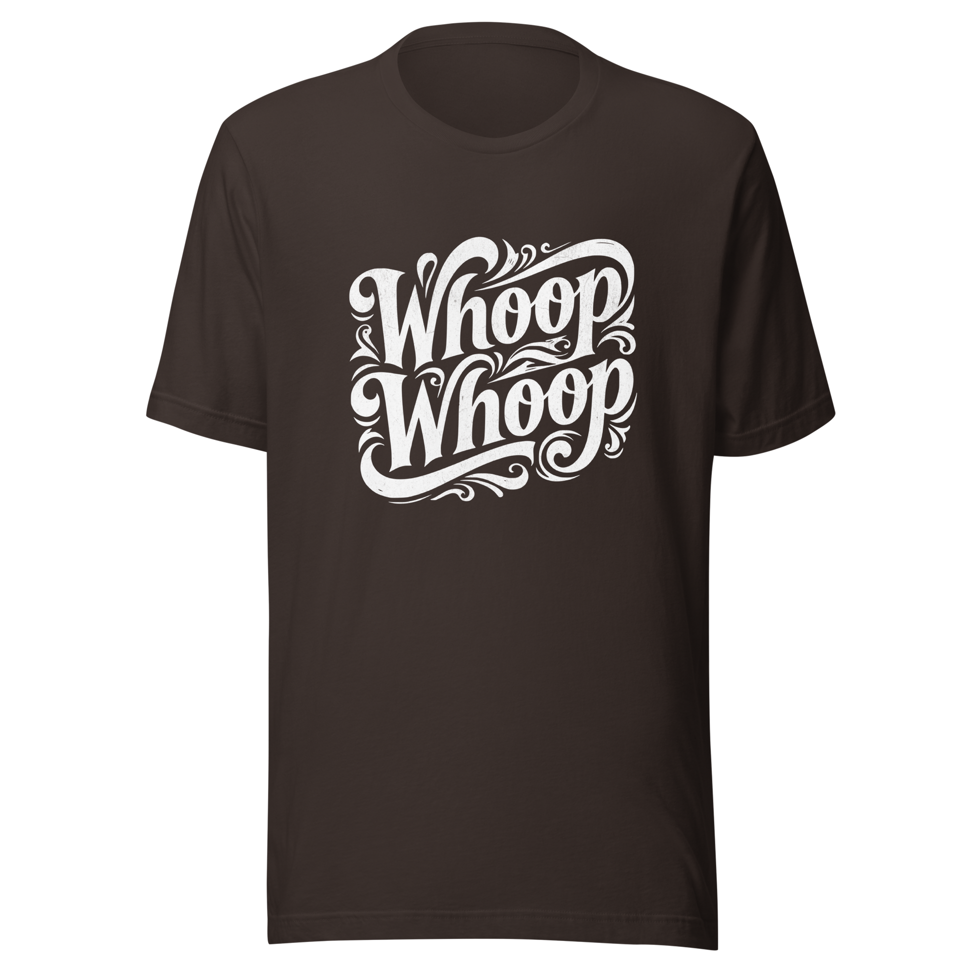 Braunes T-Shirt mit dem Schriftzug Whoop Whoop in geschwungenen Buchstaben
