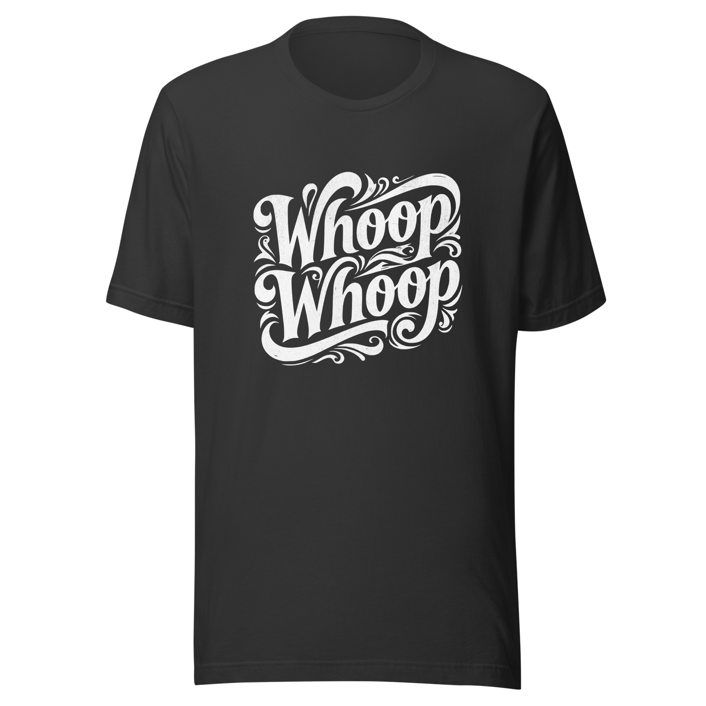Dunkelgraues T-Shirt mit dem Schriftzug Whoop Whoop in geschwungenen Buchstaben