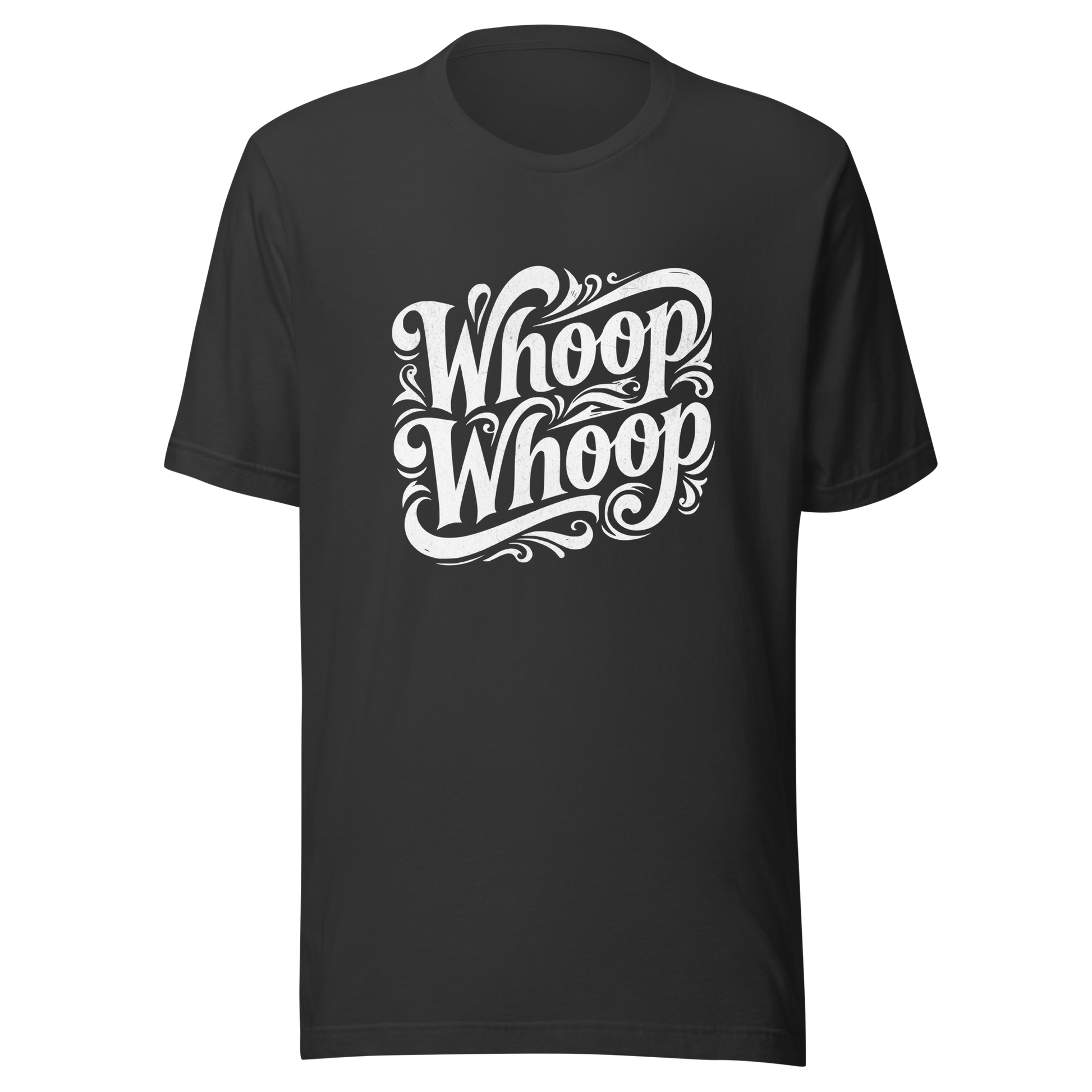 Dunkelgraues T-Shirt mit dem Schriftzug Whoop Whoop in geschwungenen Buchstaben