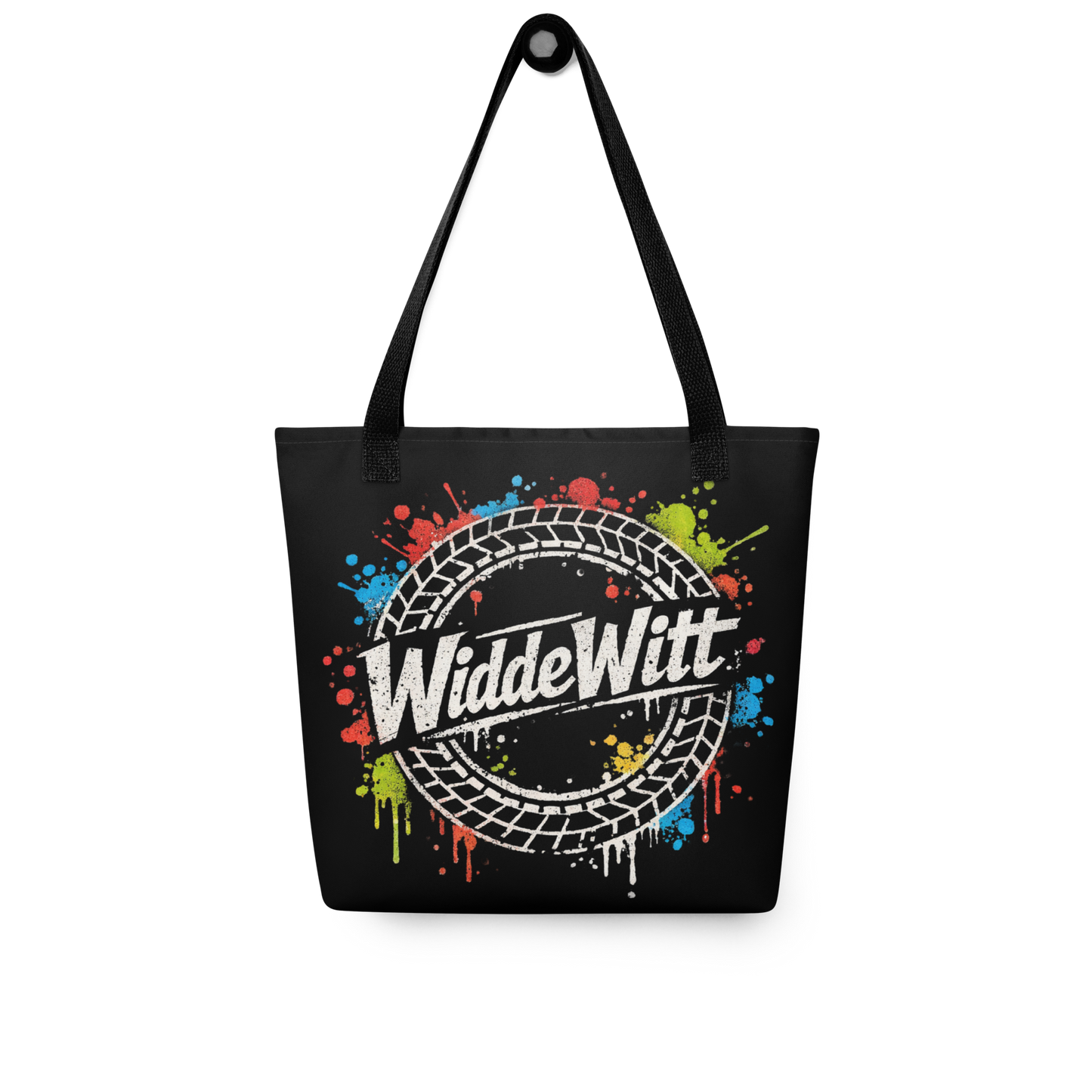 Schwarzer All Over Stoffbeutel mit WiddeWitt Schriftzug, Reifen und bunten Farbklecksen, schwarzer Henkel