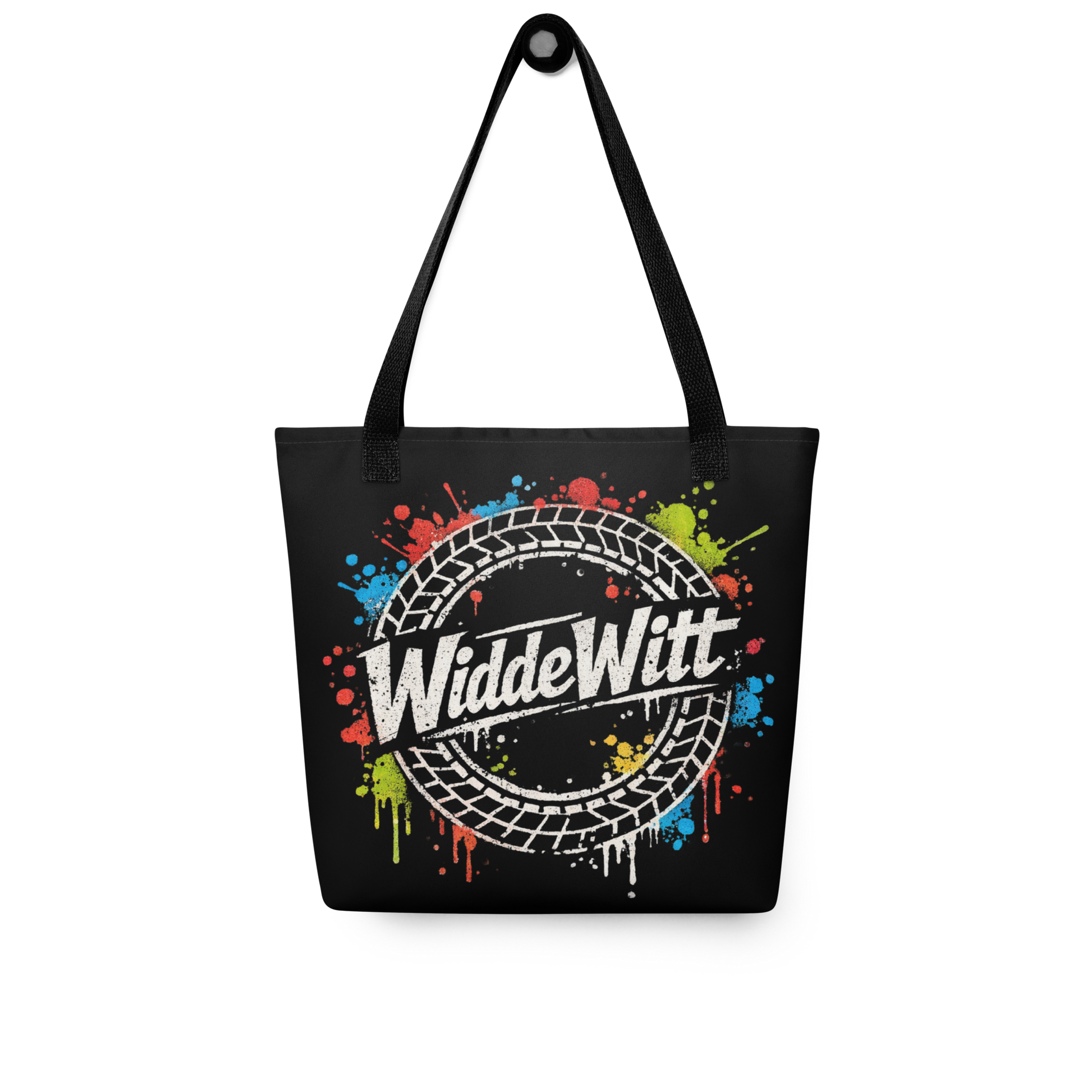 Schwarzer All Over Stoffbeutel mit WiddeWitt Schriftzug, Reifen und bunten Farbklecksen, schwarzer Henkel