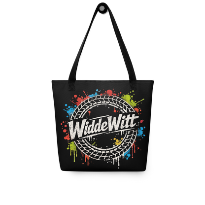 Schwarzer All Over Stoffbeutel mit WiddeWitt Schriftzug, Reifen und bunten Farbklecksen, schwarzer Henkel
