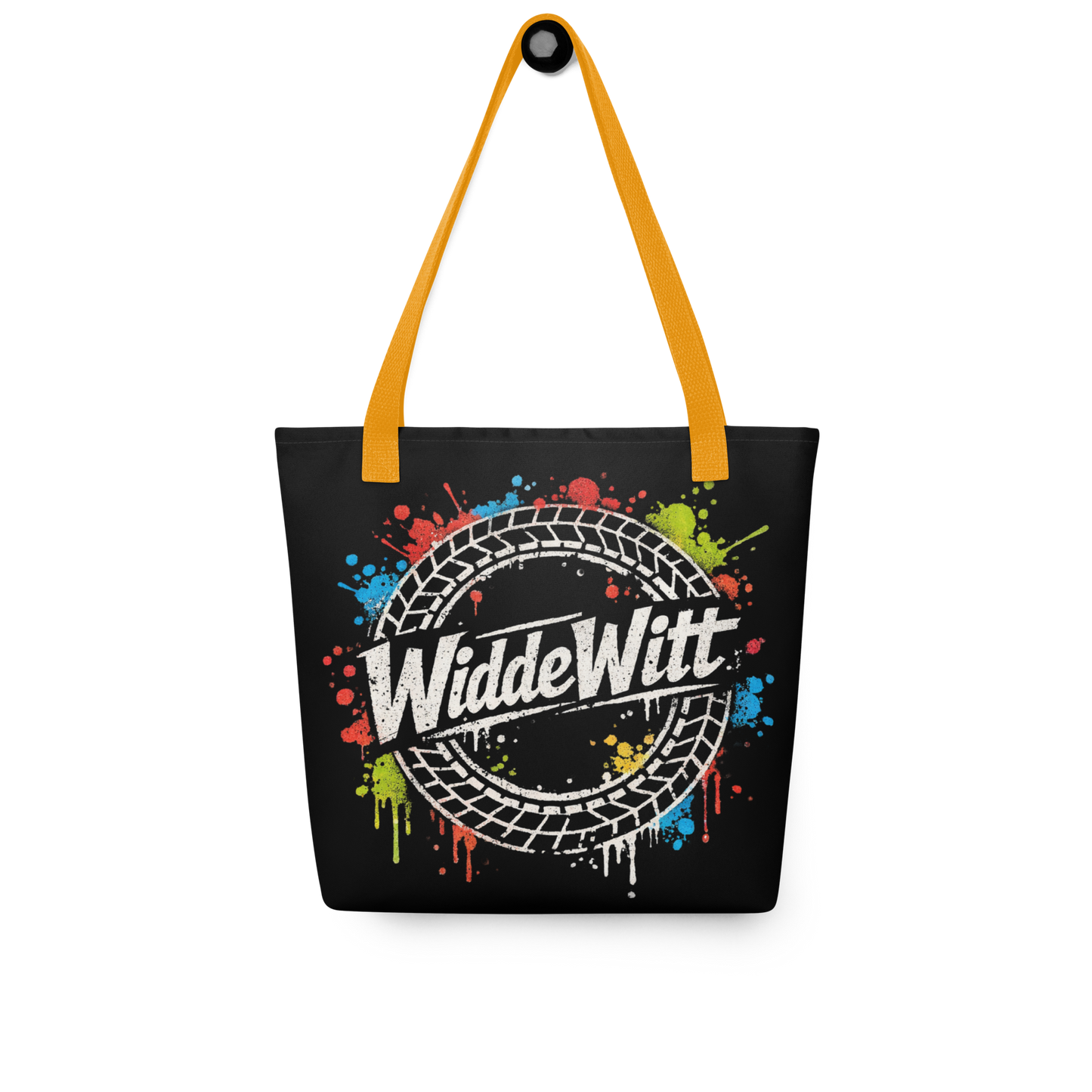 Schwarzer All Over Stoffbeutel mit WiddeWitt Schriftzug, Reifen und bunten Farbklecksen, Gelber Henkel