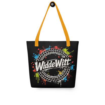 Schwarzer All Over Stoffbeutel mit WiddeWitt Schriftzug, Reifen und bunten Farbklecksen, Gelber Henkel