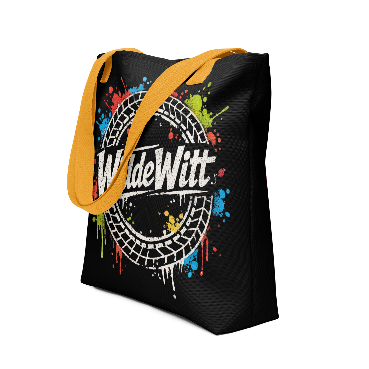 Schwarzer All Over Stoffbeutel mit WiddeWitt Schriftzug, Reifen und bunten Farbklecksen, Gelber Henkel, Seitenansicht