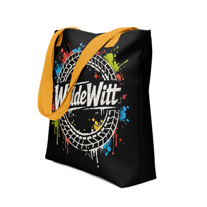 Schwarzer All Over Stoffbeutel mit WiddeWitt Schriftzug, Reifen und bunten Farbklecksen, Gelber Henkel, Seitenansicht