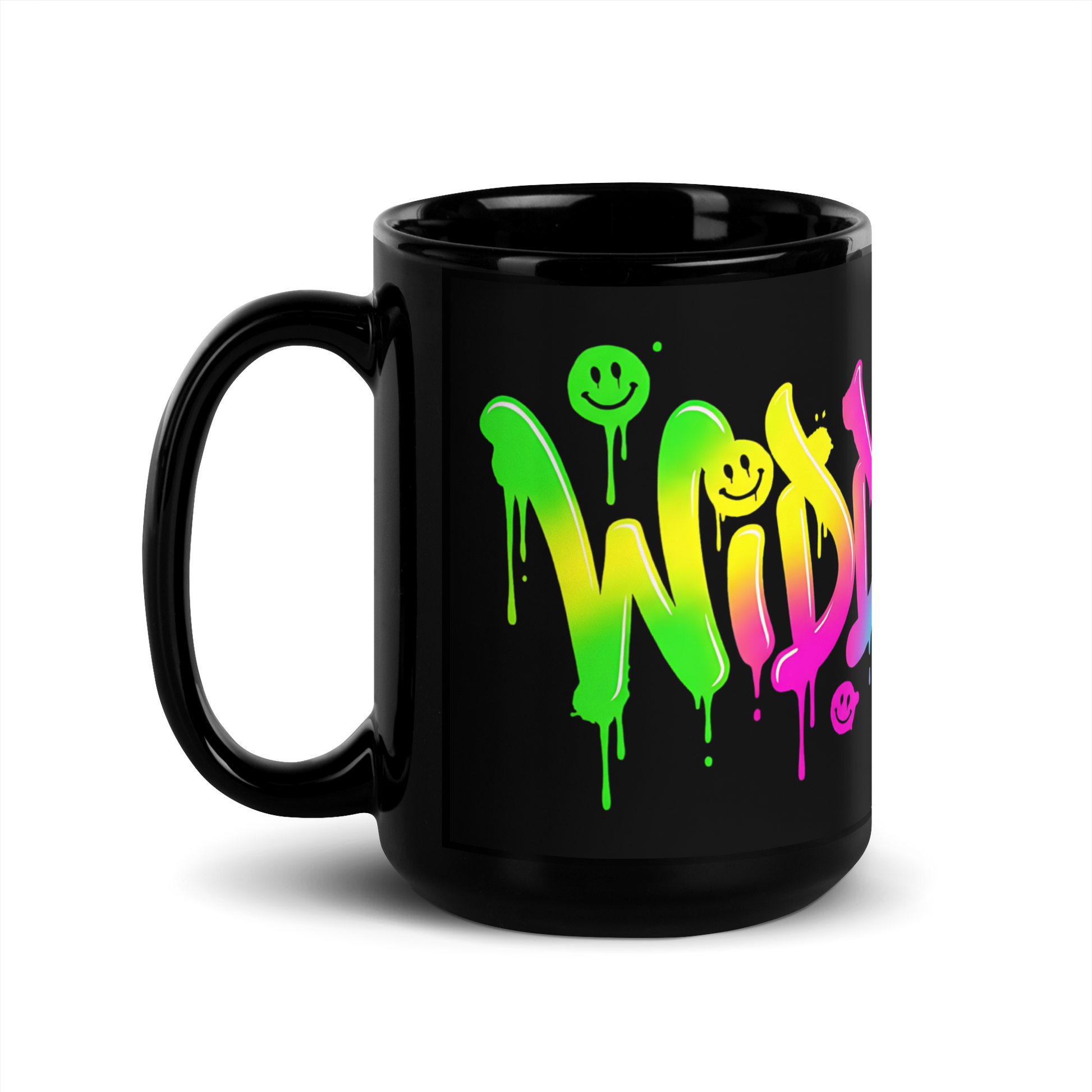Schwarze Tasse Seitenansicht mit Widdewitt Graffiti Print
