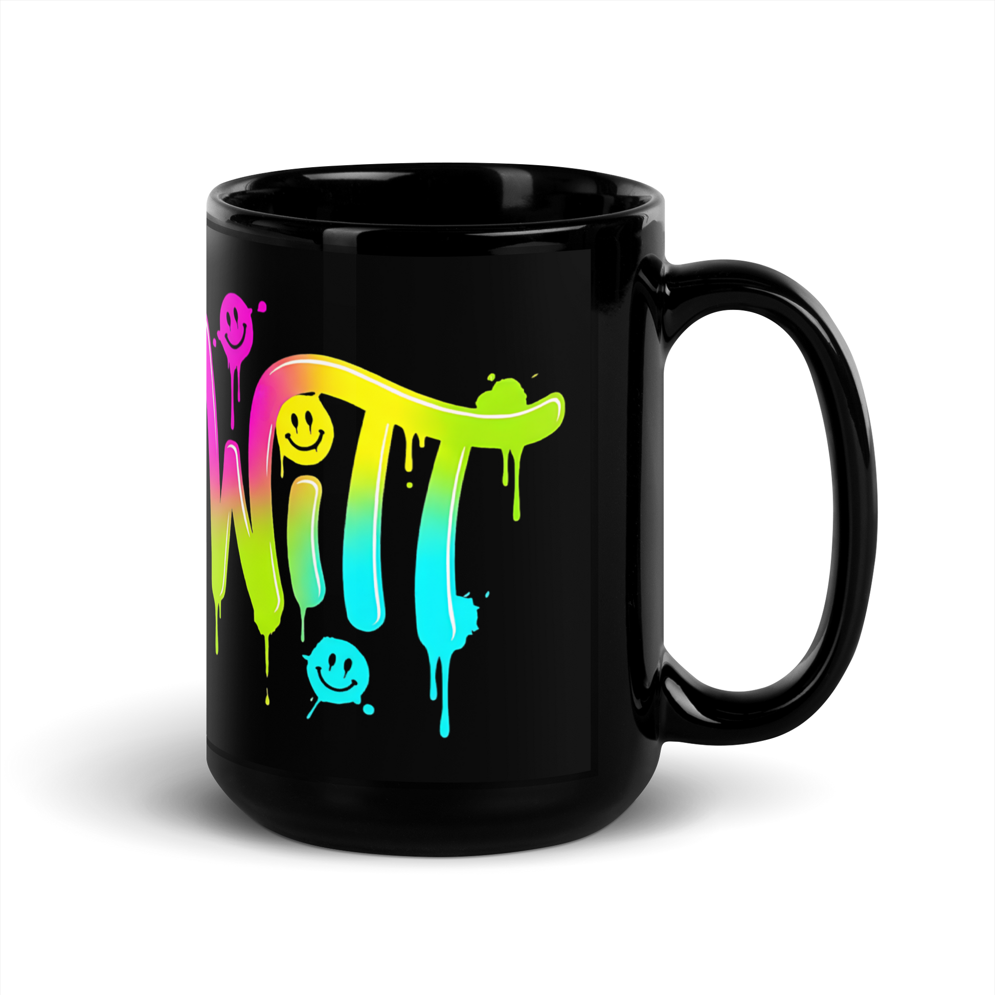 Schwarze Tasse Seitenansicht mit Widdewitt Graffiti Print