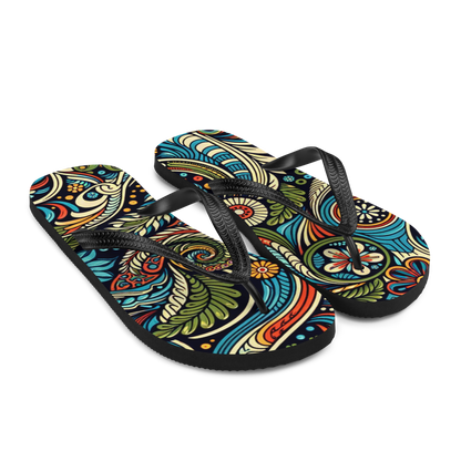 Bunt bedruckte Flip Flops mit verschnörkeltem Blumen Muster und schwarzem Gummirand