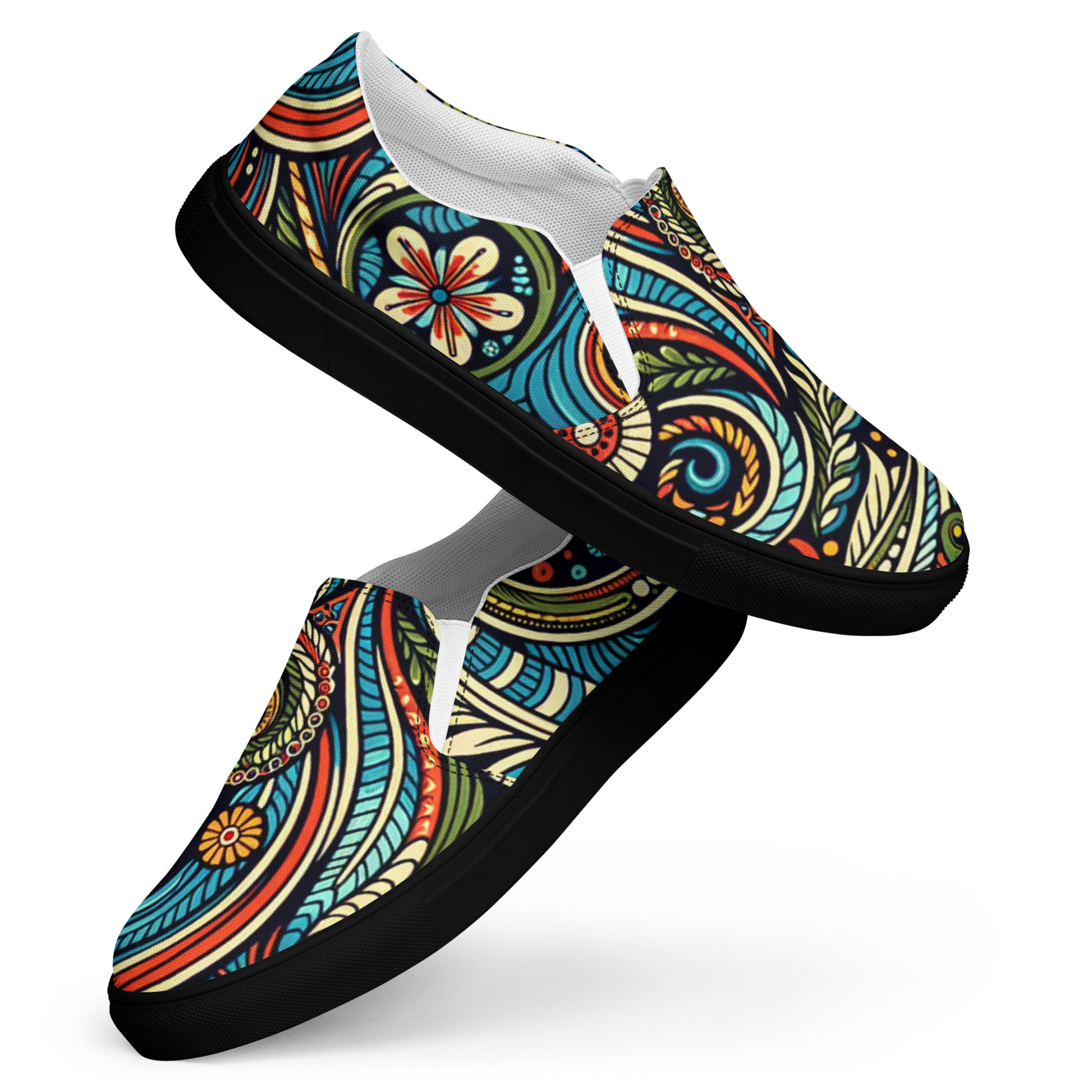 Bunt bedruckte Damen Slipper mit verschnörkeltem Blumen Muster und schwarzem Gummirand