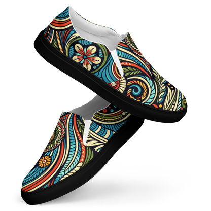 Bunt bedruckte Damen Slipper mit verschnörkeltem Blumen Muster und schwarzem Gummirand