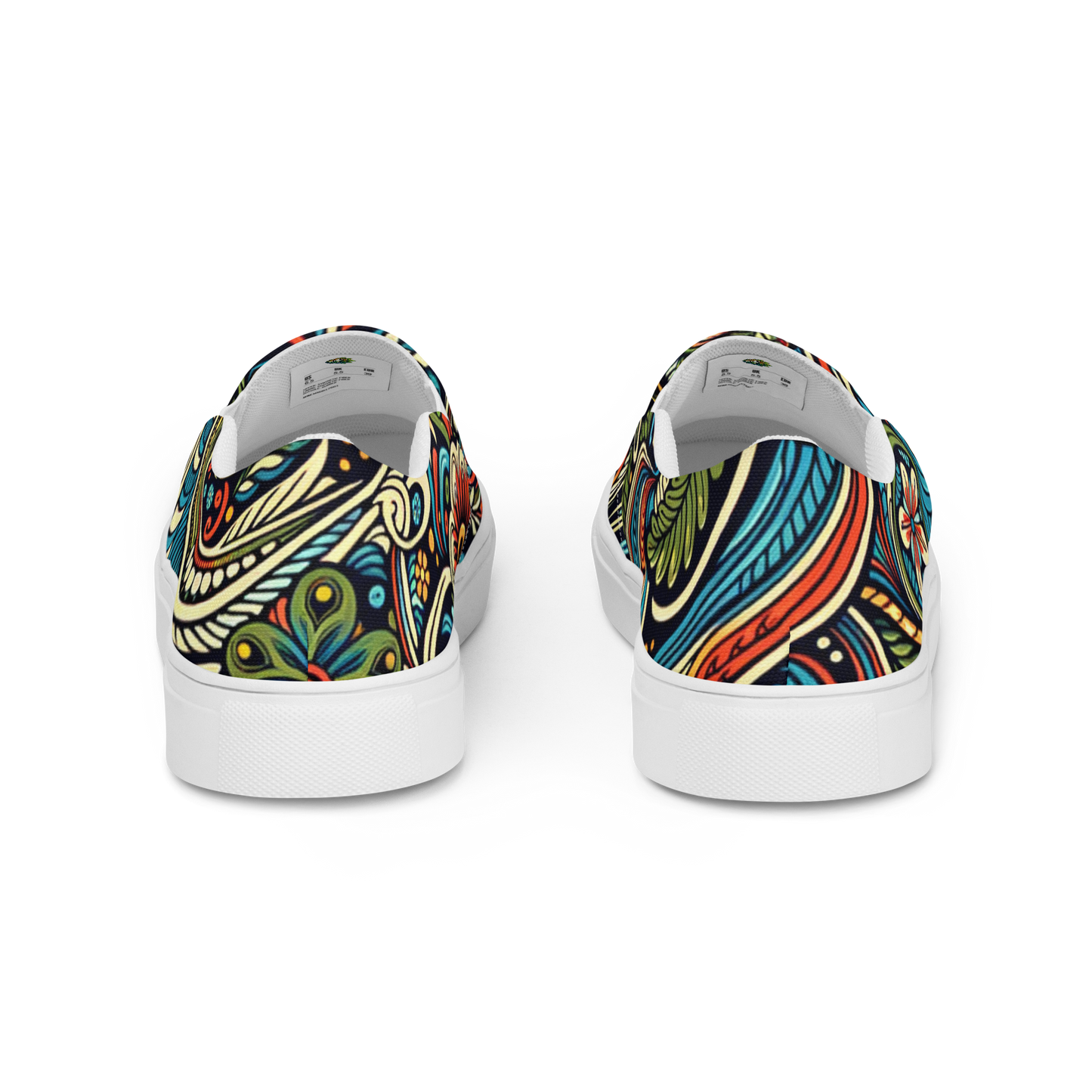 Bunt bedruckte Damen Slipper mit verschnörkeltem Blumen Muster und weißem Gummirand Hintenansicht