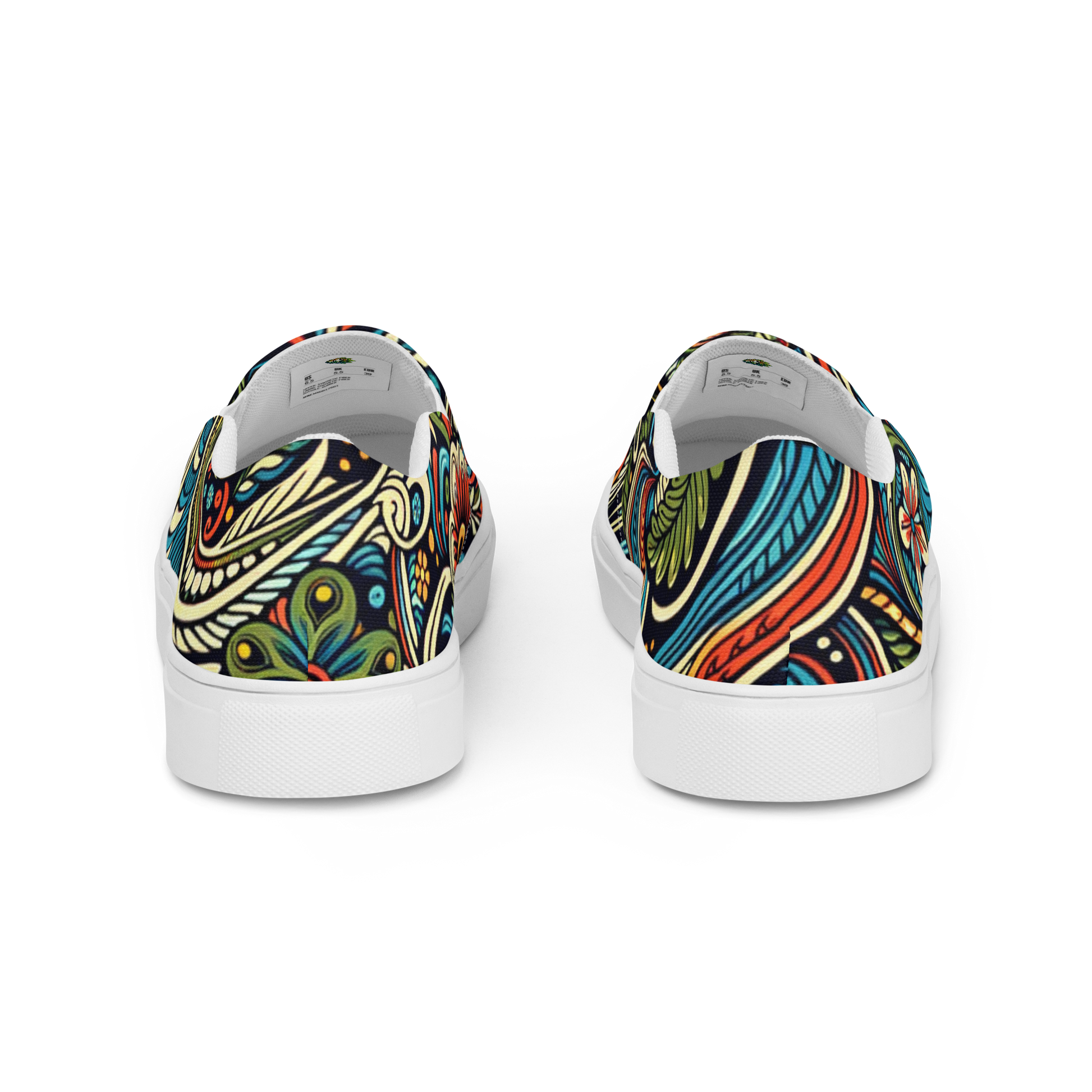 Bunt bedruckte Damen Slipper mit verschnörkeltem Blumen Muster und weißem Gummirand Hintenansicht