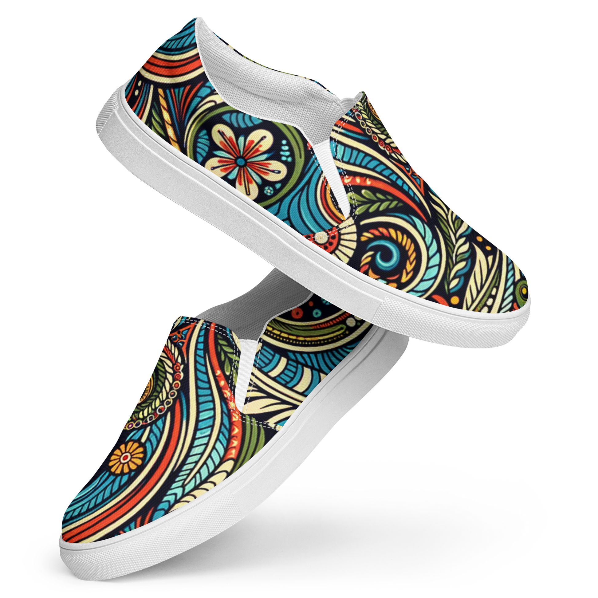 Bunt bedruckte Damen Slipper mit verschnörkeltem Blumen Muster