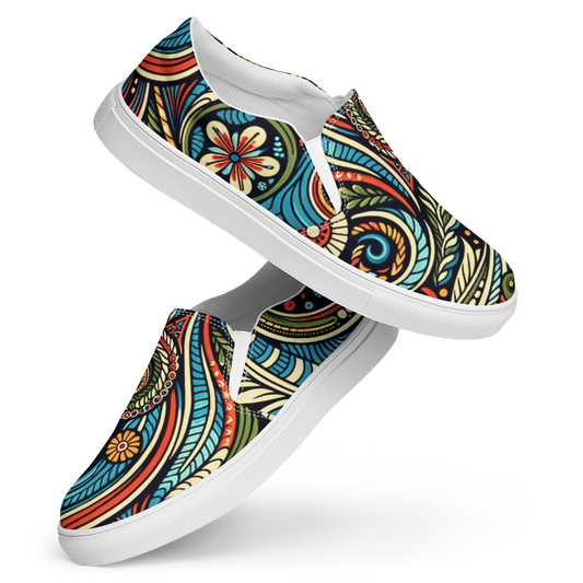 Bunt bedruckte Damen Slipper mit verschnörkeltem Blumen Muster