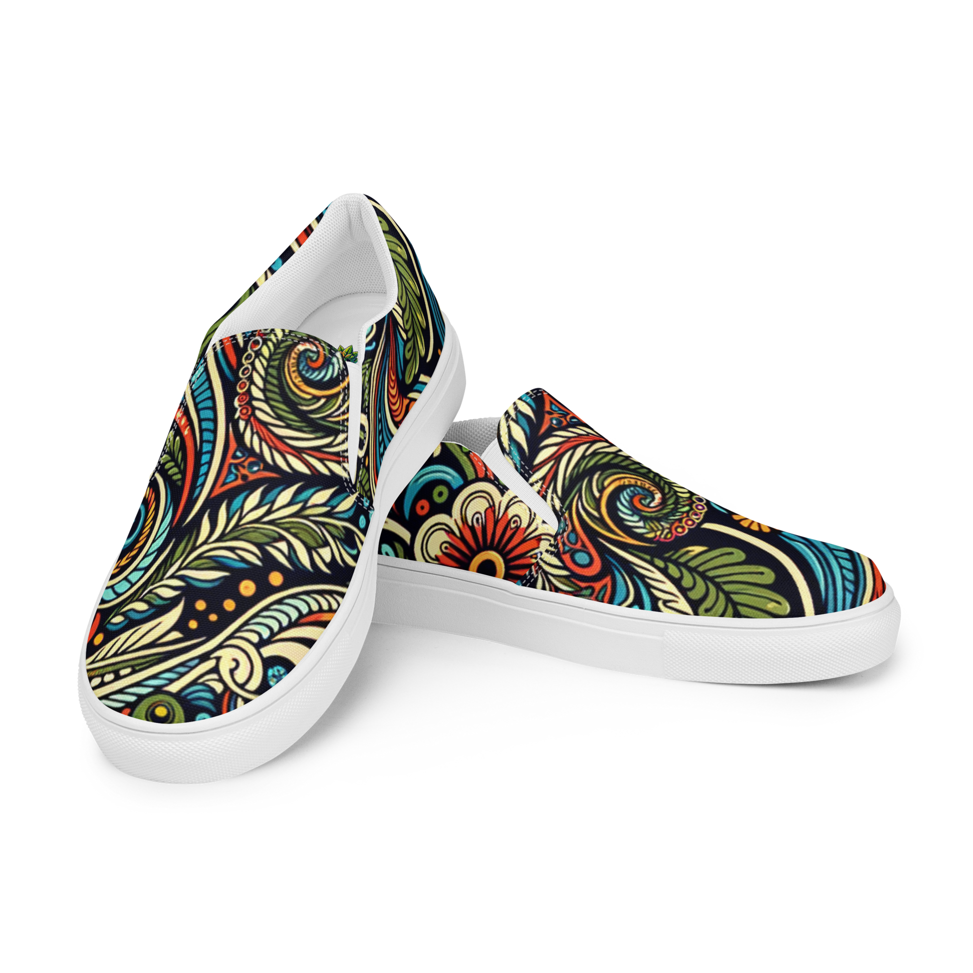 Bunt bedruckte Damen Slipper mit verschnörkeltem Blumen Muster und weißem Gummirand