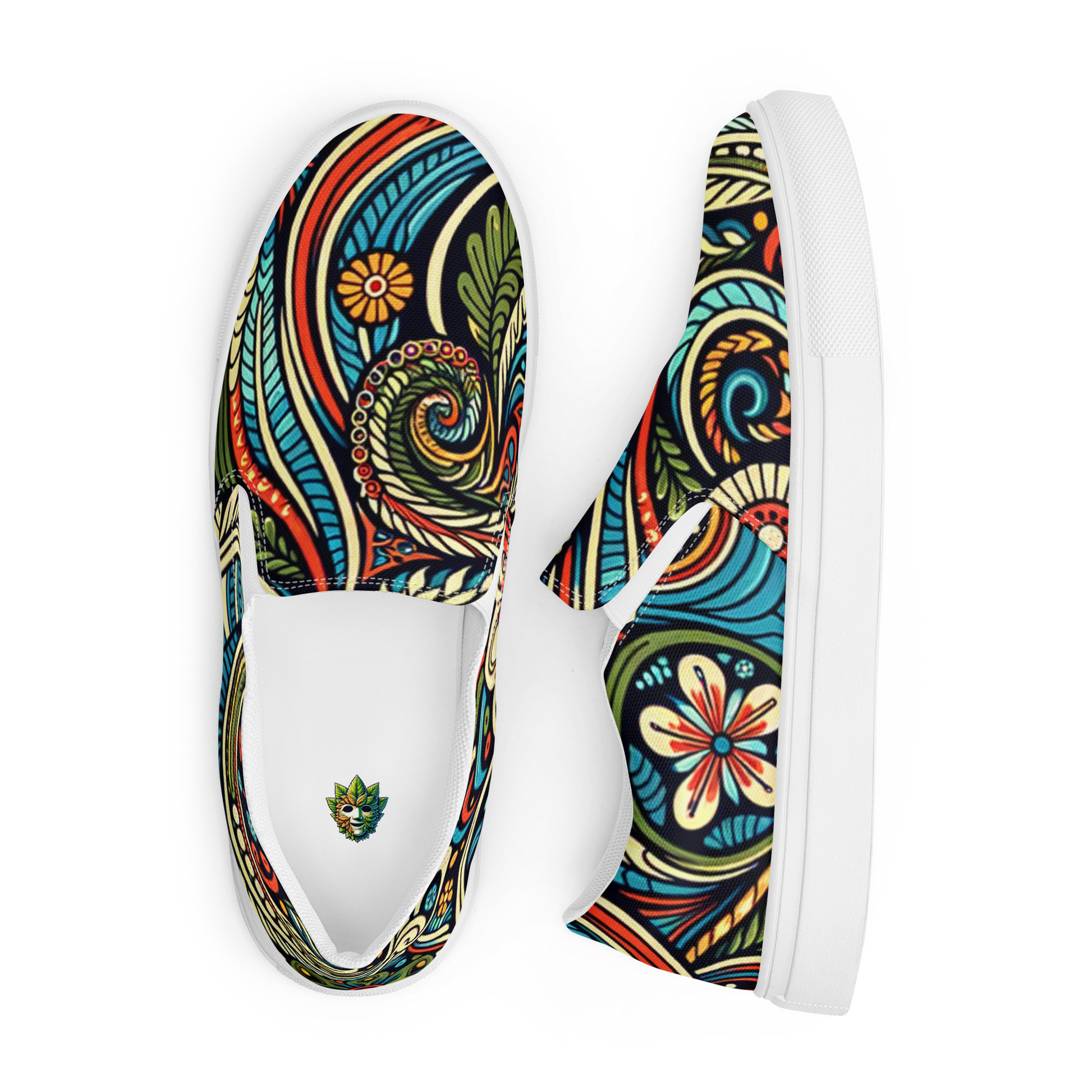 Bunt bedruckte Damen Slipper mit verschnörkeltem Blumen Muster Obenansicht