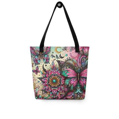 All-Over Stoffbeutel mit buntem Blumen und Schmetterlings Print im Used Look und schwarzem Henkel