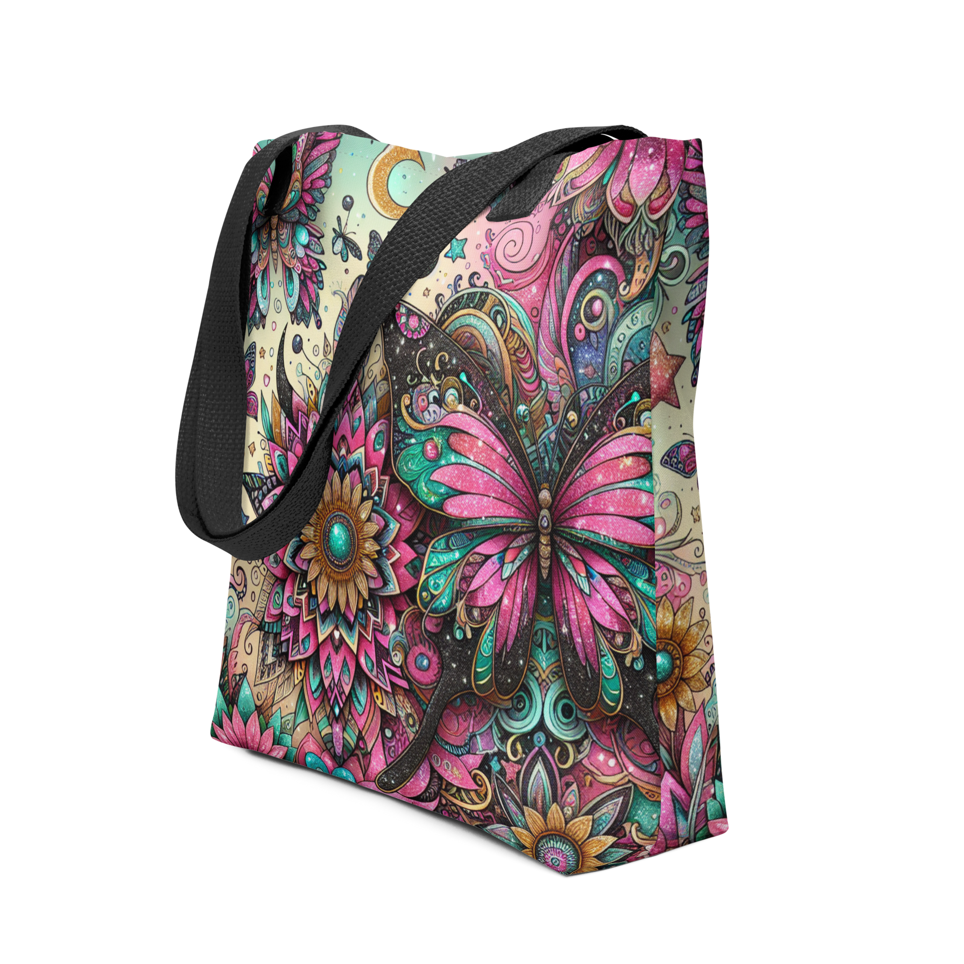 All-Over Stoffbeutel mit buntem Blumen und Schmetterlings Print im Used Look und schwarzem Henkel, Seitenansicht