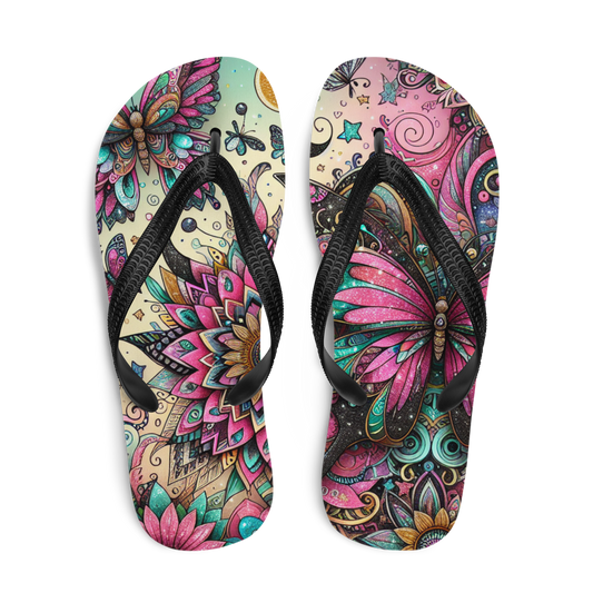 Sommerliche Flip-Flops mit Schmetterlingen und Blumen Vintage Style Obenansicht