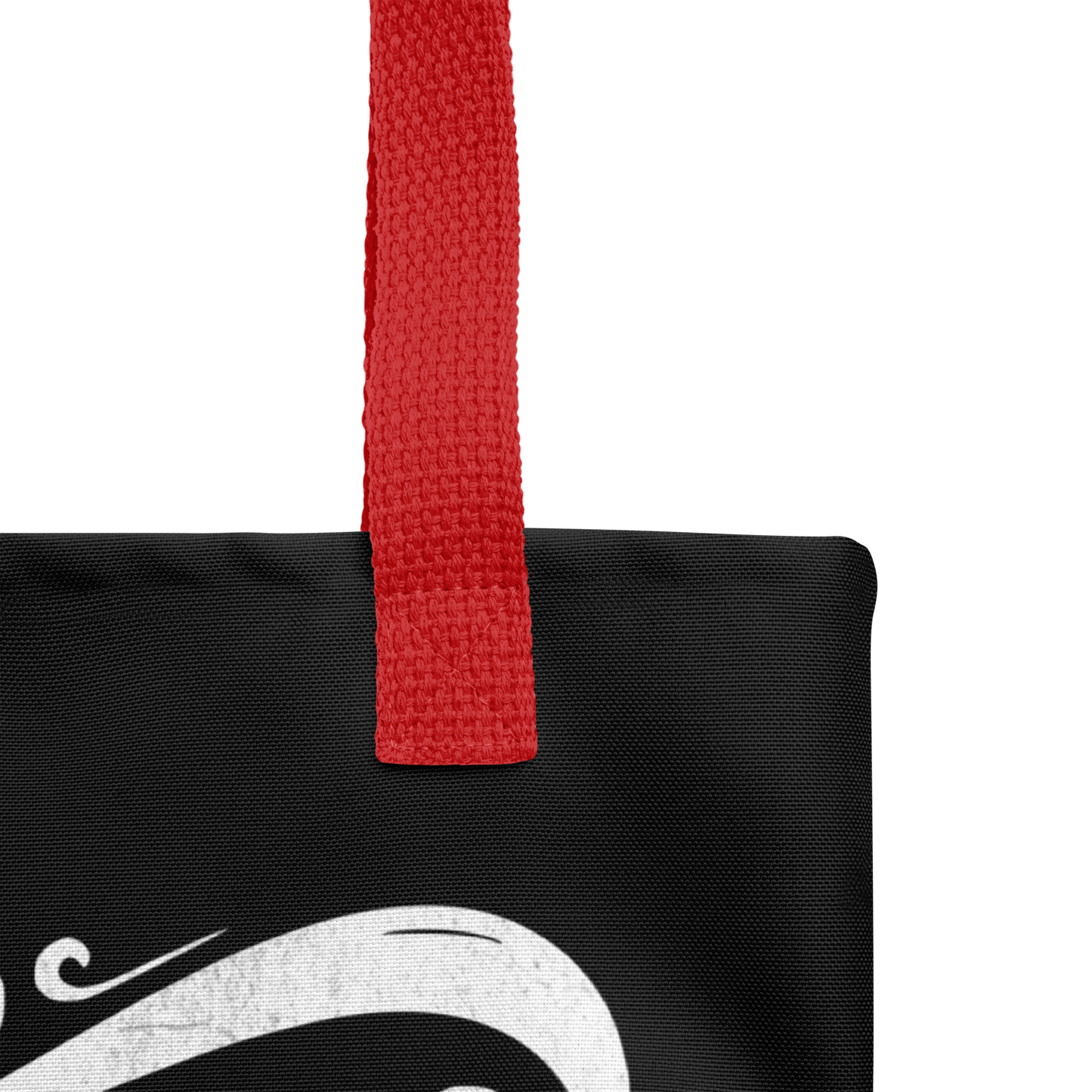 Schwarzer Stoffbeutel mit weißem Whoop Whoop Print und roten Hänkeln, Nahansicht