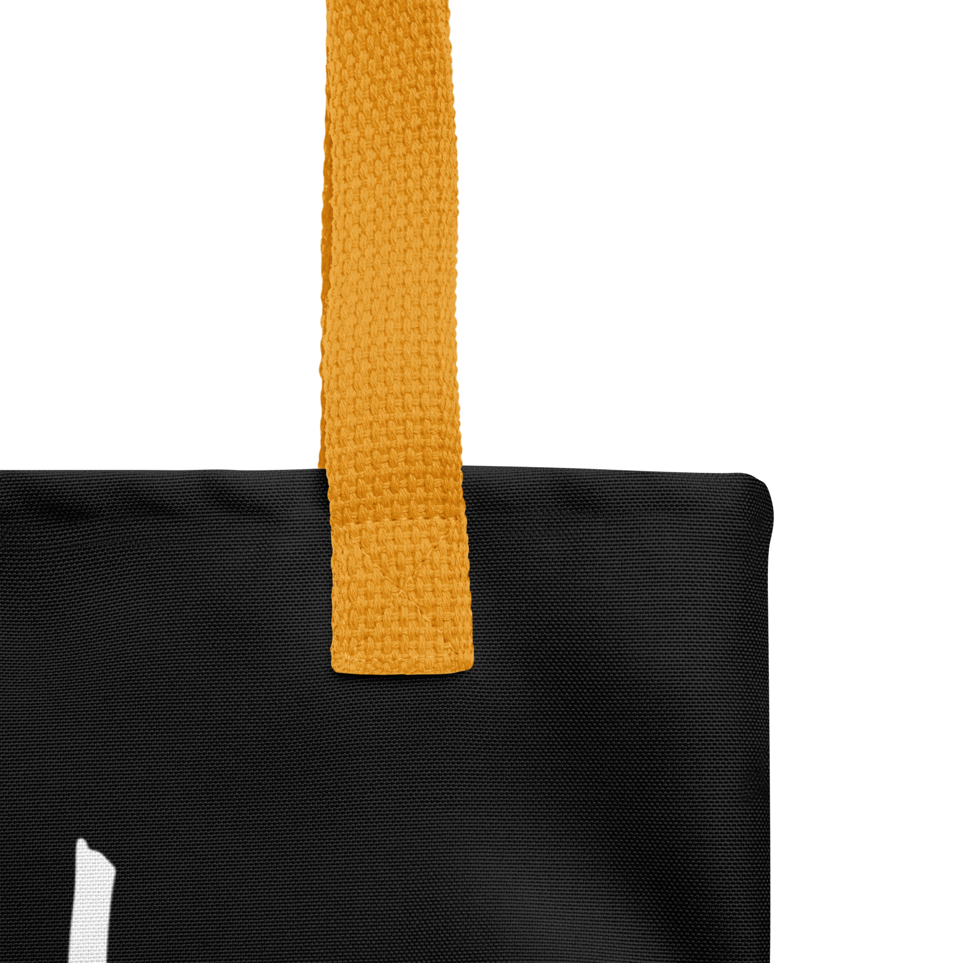 Schwarzer All-Over Stoffbeutel mit kindlichem Wer das liest, ist schön! Print und orangen Henkeln, Nahaufnahme