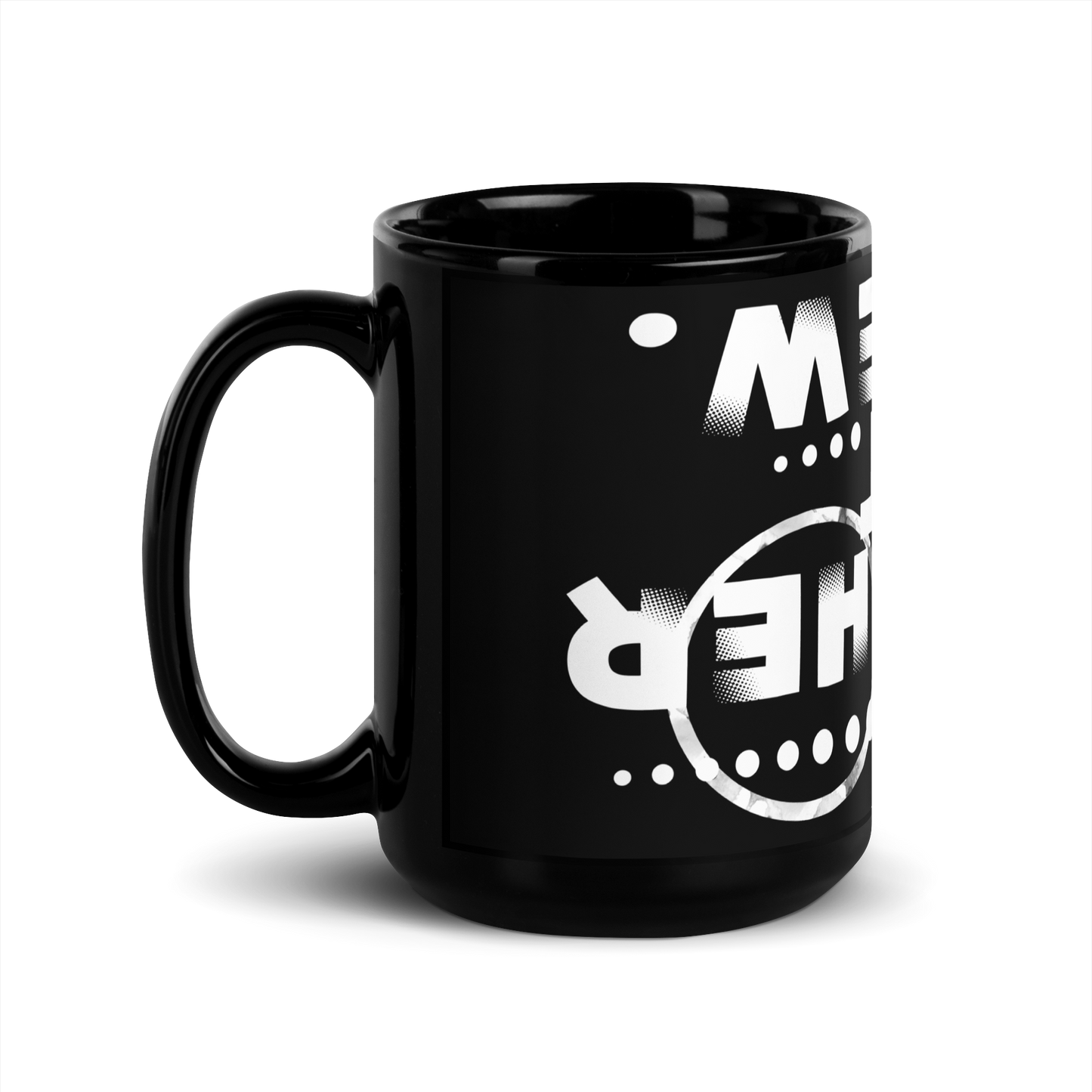 Schwarze Tasse mit From another point of view Text der auf dem Kopf steht Seitenansicht Links