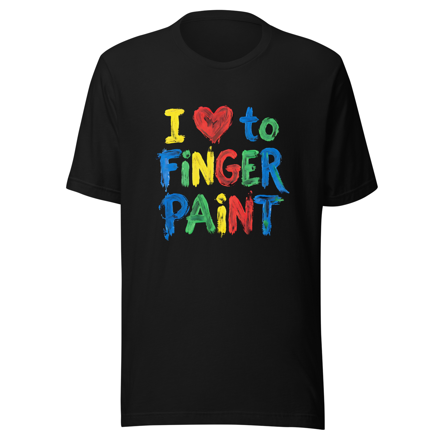 Schwarzes T-Shirt mit buntem Finger-gemaltem-I love to finger paint-Print im Streetwear-Stil