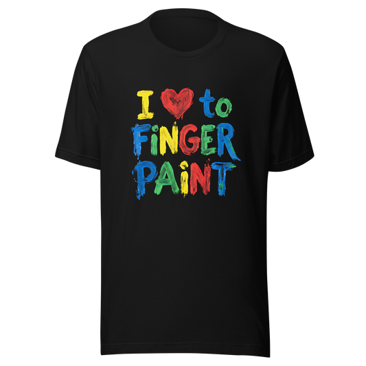Schwarzes T-Shirt mit buntem Finger-gemaltem-I love to finger paint-Print im Streetwear-Stil