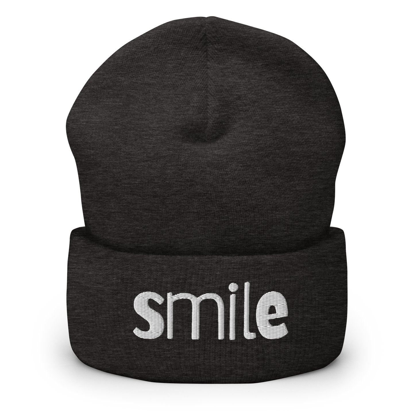 Dunkelgraues Beanie mit smile Schriftzug bestickt