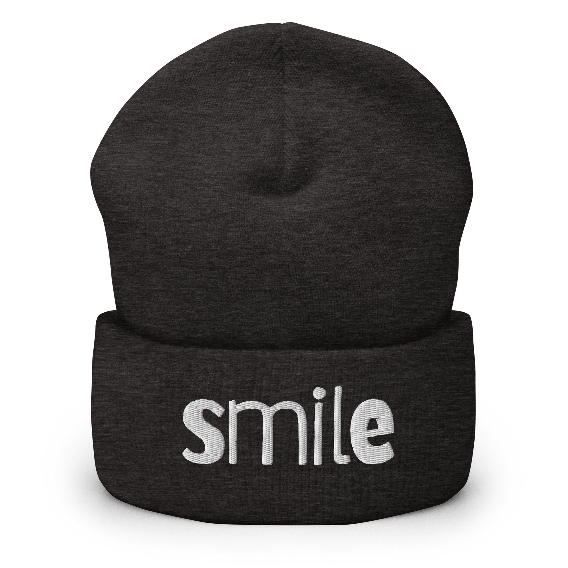 Dunkelgraues Beanie mit smile Schriftzug bestickt