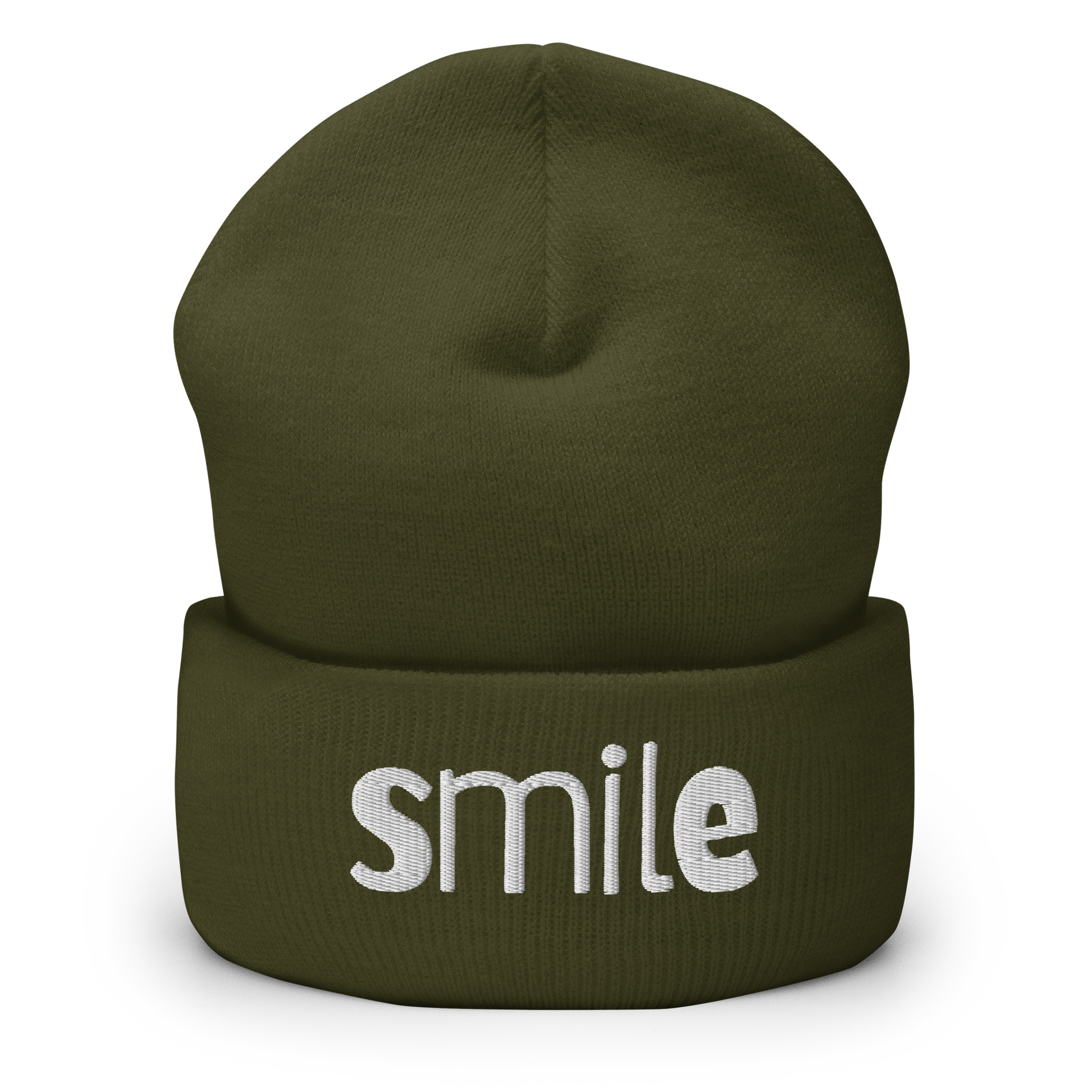 Olivegrünes Beanie mit smile Schriftzug bestickt